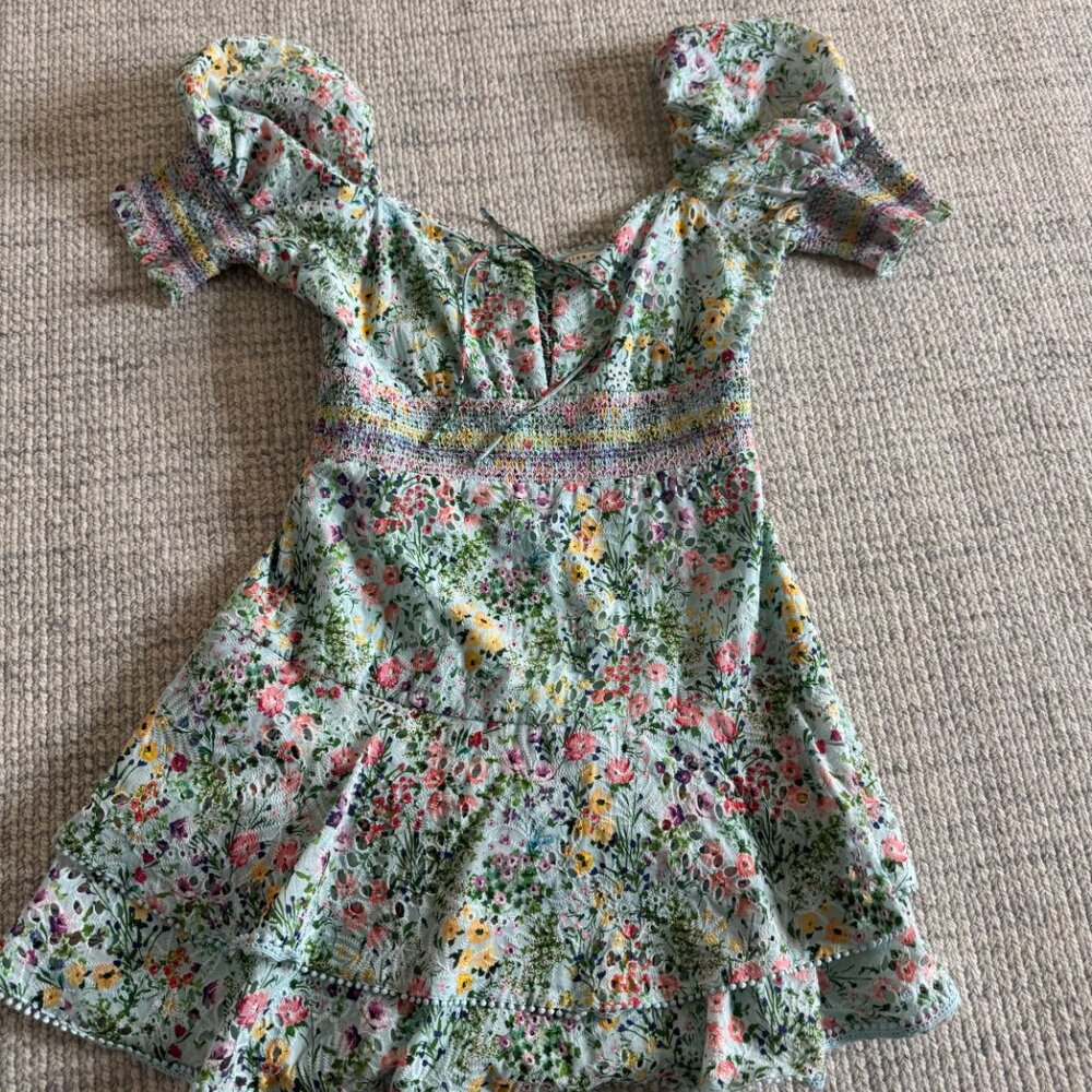 Alice + Olivia Crawford Blue Floral Puff Sleeve Dress Sz 6 - Picture 5 of 6